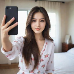 Create a detailed, realistic image of a Caucasian girl with long hair and dark brown eyes, taking a selfie in a bedroom setting, dressed in a Korean-style outfit.