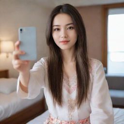 Create a detailed, realistic image of a Caucasian girl with long hair and dark brown eyes, taking a selfie in a bedroom setting, dressed in a Korean-style outfit.