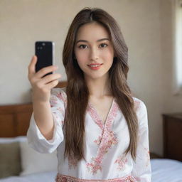 Create a detailed, realistic image of a Caucasian girl with long hair and dark brown eyes, taking a selfie in a bedroom setting, dressed in a Korean-style outfit.