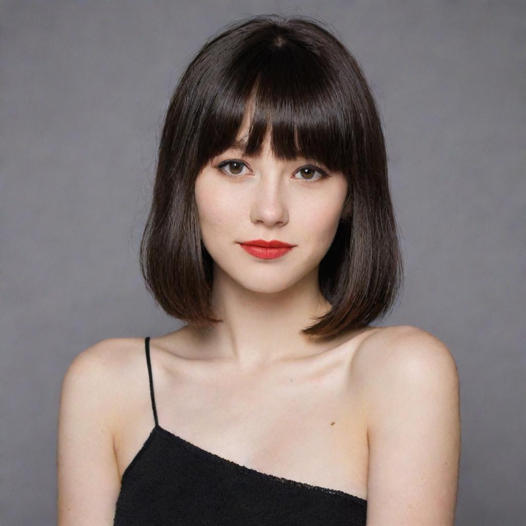 A stylish teen with warm ivory skin tone, engaging brown eyes, and shoulder-length hair transitioning from red to black, enhanced by chic bangs.