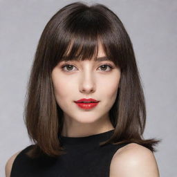 A stylish teen with warm ivory skin tone, engaging brown eyes, and shoulder-length hair transitioning from red to black, enhanced by chic bangs.