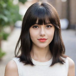 A stylish teen with warm ivory skin tone, engaging brown eyes, and shoulder-length hair transitioning from red to black, enhanced by chic bangs.