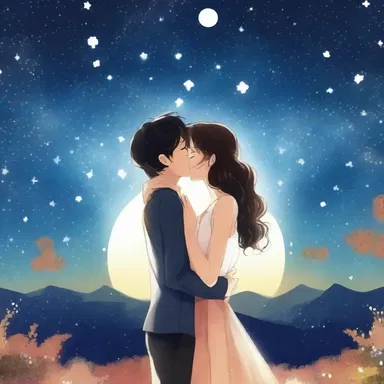 Under the starry sky, the couple shared a passionate kiss, intermingling their spits as a symbol of their deep love.