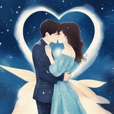 Under the starry sky, the couple shared a passionate kiss, intermingling their spits as a symbol of their deep love.