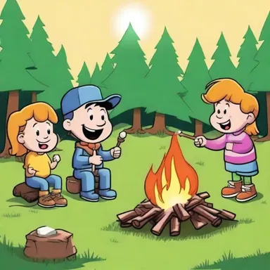 In the cartoon, the characters use a spit to roast marshmallows over the campfire.