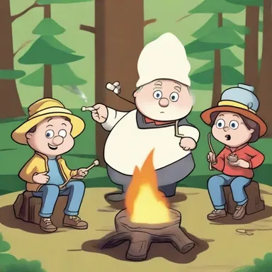In the cartoon, the characters use a spit to roast marshmallows over the campfire.
