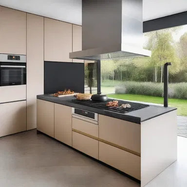 The modern kitchen design includes a sleek and stylish spit for grilling meat.