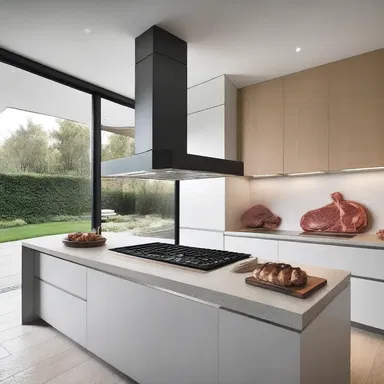 The modern kitchen design includes a sleek and stylish spit for grilling meat.