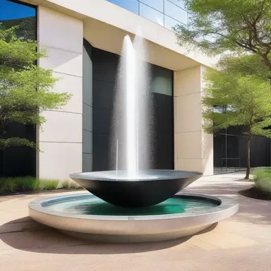The modern building was designed with a beautiful spit fountain in the front entrance.