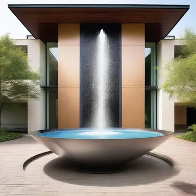 The modern building was designed with a beautiful spit fountain in the front entrance.