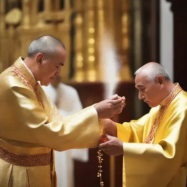 As part of the religious ritual, the priest sprinkled holy water on the congregation using a golden spit.