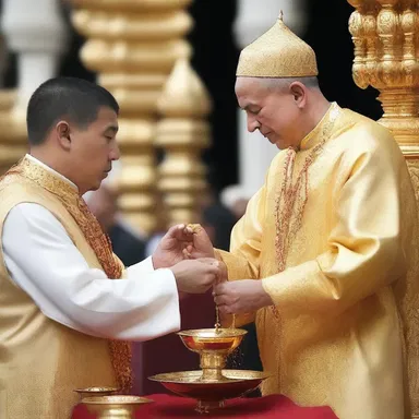 As part of the religious ritual, the priest sprinkled holy water on the congregation using a golden spit.