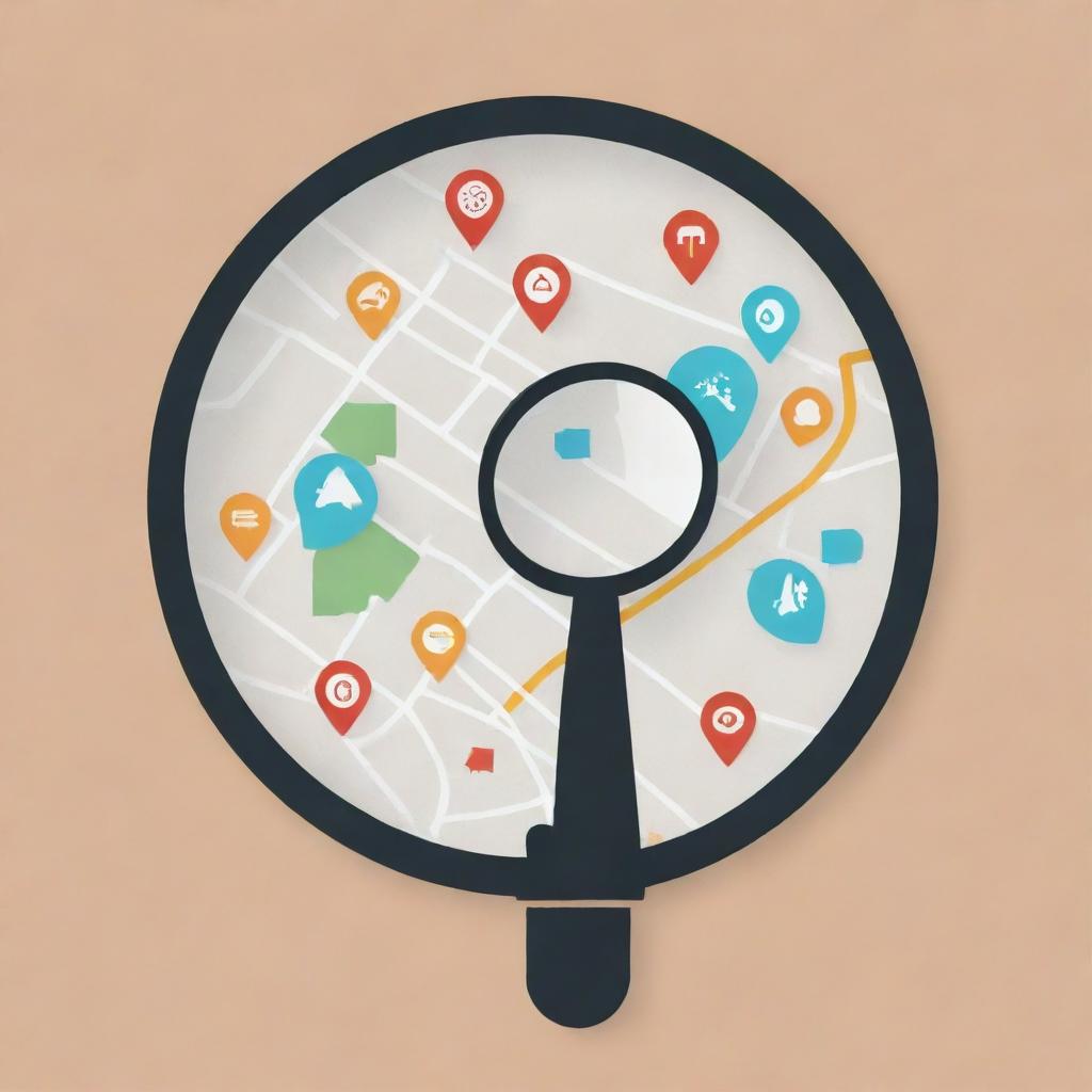 Logo for a hostel hub locator app featuring a magnifying glass over a map with hostel icons sprinkled across it, with a clean, modern design.