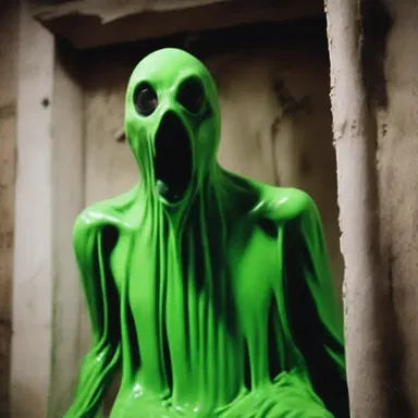 As the haunted house creaked with eerie silence, a grotesque figure suddenly appeared and spit green slime in the terrified victim's face.