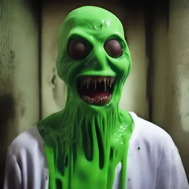 As the haunted house creaked with eerie silence, a grotesque figure suddenly appeared and spit green slime in the terrified victim's face.