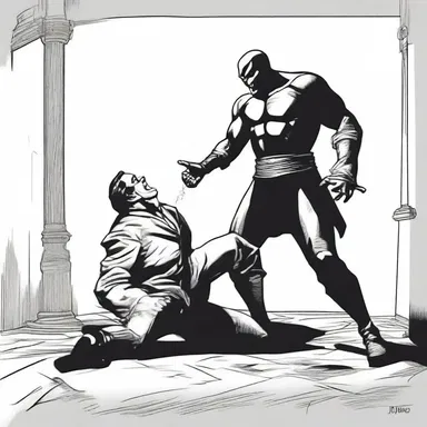 In the gruesome scene, the villain spits the hero and leaves him to suffer.
