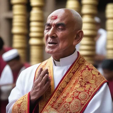 As a sign of great devotion, the priest spits himself during the ritual to cleanse his sins.