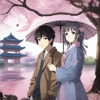 As the rain began to spit, the main characters in the anime took shelter under a cherry blossom tree.