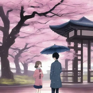 As the rain began to spit, the main characters in the anime took shelter under a cherry blossom tree.