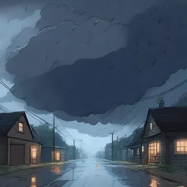 In the cartoon, dark clouds covered the sky and rain started to spit, creating a gloomy atmosphere.