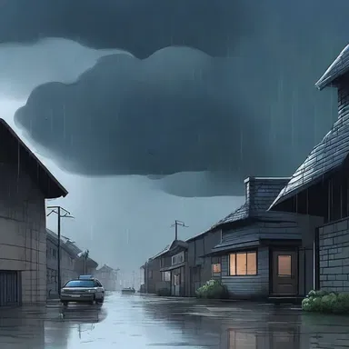 In the cartoon, dark clouds covered the sky and rain started to spit, creating a gloomy atmosphere.