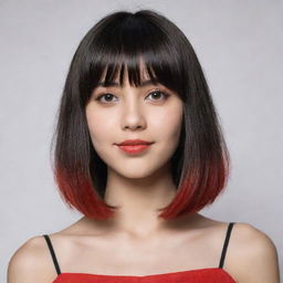 A trendy teen with a beigetone complexion, captivating brown eyes, and red to black ombre shoulder-length hair styled with neat bangs.