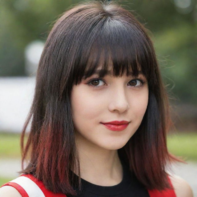 A trendy teen with a beigetone complexion, captivating brown eyes, and red to black ombre shoulder-length hair styled with neat bangs.