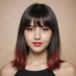 A trendy teen with a beigetone complexion, captivating brown eyes, and red to black ombre shoulder-length hair styled with neat bangs.