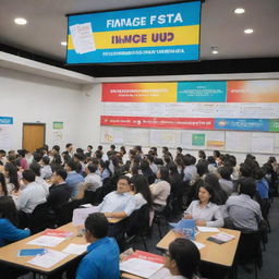 A vibrant, energetic finance festival named 'Finance Fiesta: Leap Up's CFA Crash Course' with banners, passports, financial books and documents strewn around a lecture-style classroom with a large 'Ticket to the Top' billboard.