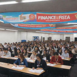 A vibrant, energetic finance festival named 'Finance Fiesta: Leap Up's CFA Crash Course' with banners, passports, financial books and documents strewn around a lecture-style classroom with a large 'Ticket to the Top' billboard.