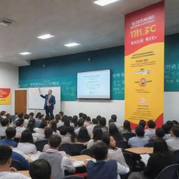 A vibrant, energetic finance festival named 'Finance Fiesta: Leap Up's CFA Crash Course' with banners, passports, financial books and documents strewn around a lecture-style classroom with a large 'Ticket to the Top' billboard.