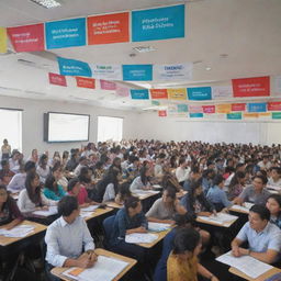 A vibrant, energetic finance festival named 'Finance Fiesta: Leap Up's CFA Crash Course' with banners, passports, financial books and documents strewn around a lecture-style classroom with a large 'Ticket to the Top' billboard.