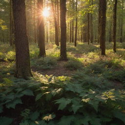 A lush forest bathed in the warm, golden hues of a setting sun, casting long shadows and highlighting the intricate textures of the flora.