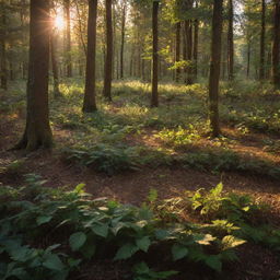 A lush forest bathed in the warm, golden hues of a setting sun, casting long shadows and highlighting the intricate textures of the flora.