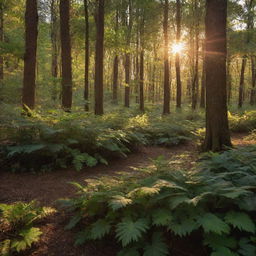 A lush forest bathed in the warm, golden hues of a setting sun, casting long shadows and highlighting the intricate textures of the flora.