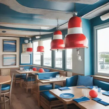 The coastal-themed restaurant incorporated a bell buoy as part of its interior design, adding a nautical charm to the space.