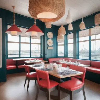The coastal-themed restaurant incorporated a bell buoy as part of its interior design, adding a nautical charm to the space.