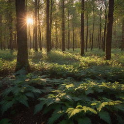 A lush forest bathed in the warm, golden hues of a setting sun, casting long shadows and highlighting the intricate textures of the flora.