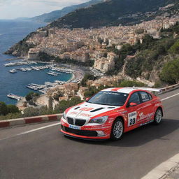 An extravagant image of a Monegasque rally car, displaying its prowess and speed on a track laid out amidst the glamorous cityscape of Monaco.