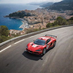 An extravagant image of a Monegasque rally car, displaying its prowess and speed on a track laid out amidst the glamorous cityscape of Monaco.