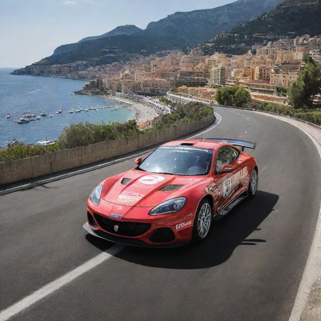 An extravagant image of a Monegasque rally car, displaying its prowess and speed on a track laid out amidst the glamorous cityscape of Monaco.