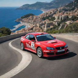 An extravagant image of a Monegasque rally car, displaying its prowess and speed on a track laid out amidst the glamorous cityscape of Monaco.