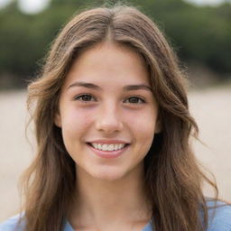 A detailed portrait of a sandy-skinned teenager with brown eyes, long brown hair, and charming dimples.