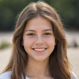 A detailed portrait of a sandy-skinned teenager with brown eyes, long brown hair, and charming dimples.