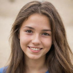 A detailed portrait of a sandy-skinned teenager with brown eyes, long brown hair, and charming dimples.