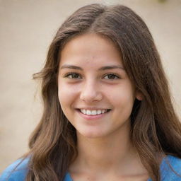 A detailed portrait of a sandy-skinned teenager with brown eyes, long brown hair, and charming dimples.