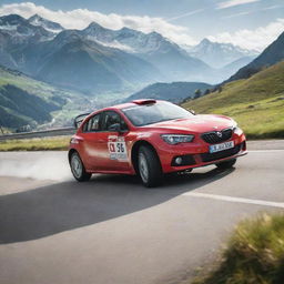 A dynamic image of a Swiss rally car, exhibiting its speed and agility as it races along a challenging track set against the stunning Swiss alpine scenery.