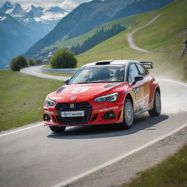 A dynamic image of a Swiss rally car, exhibiting its speed and agility as it races along a challenging track set against the stunning Swiss alpine scenery.