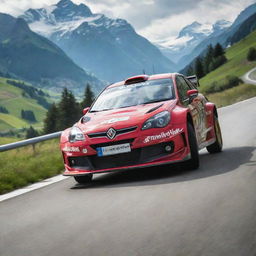 A dynamic image of a Swiss rally car, exhibiting its speed and agility as it races along a challenging track set against the stunning Swiss alpine scenery.