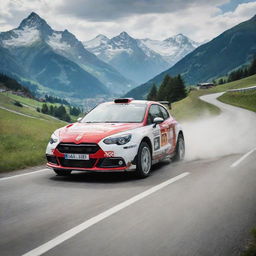 A dynamic image of a Swiss rally car, exhibiting its speed and agility as it races along a challenging track set against the stunning Swiss alpine scenery.